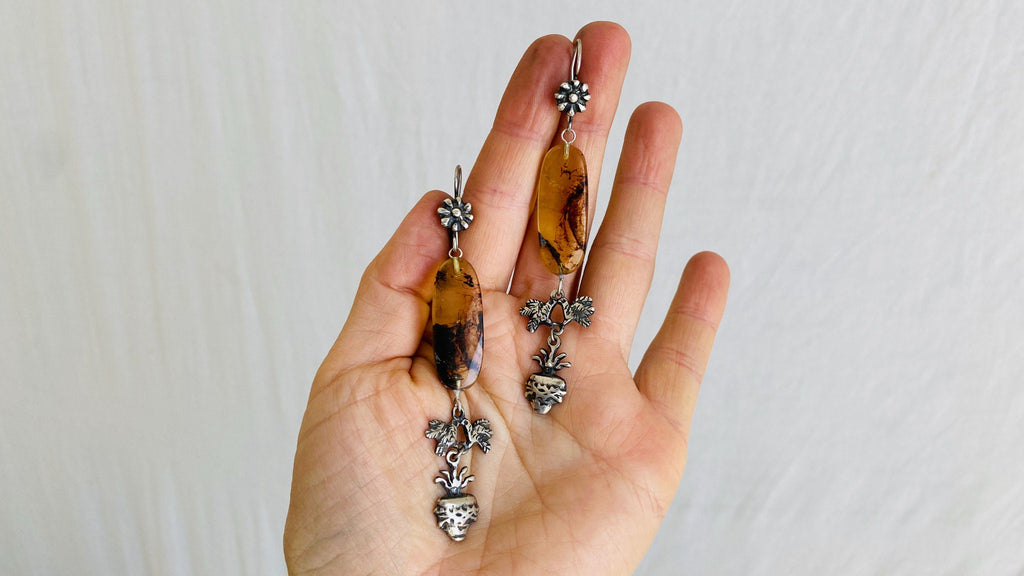 Amber & Sterling Silver Earrings. Cast Birds and Sacred Heart.