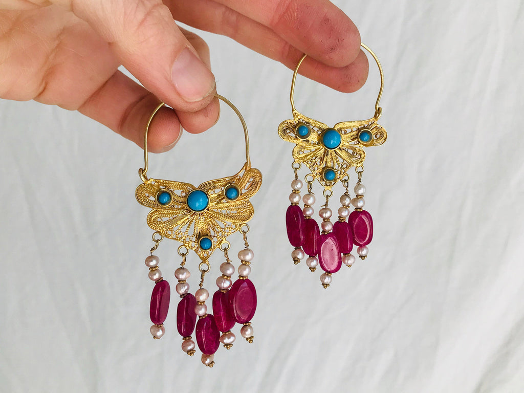 Vintage Uzbek Filigree Earrings. Vermeil. Bukhari. Pearls & Semi-Precious Stones - Aadya Bazaar