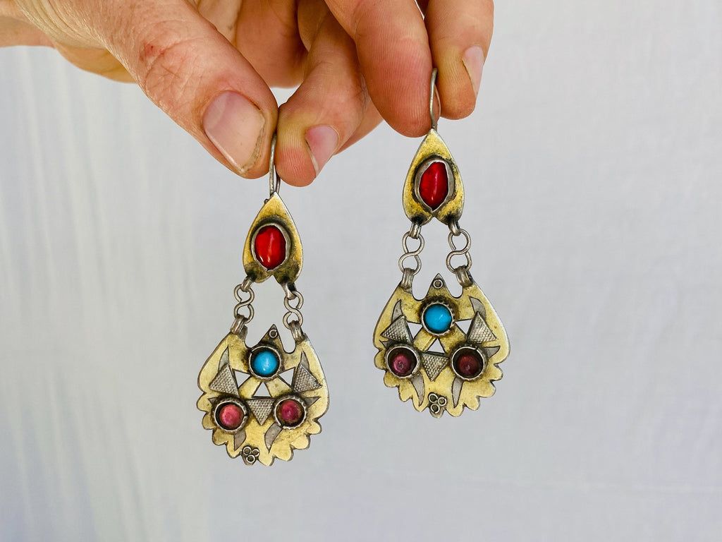 Vintage Turkmen Silver Goldwashed Earrings. - Aadya Bazaar