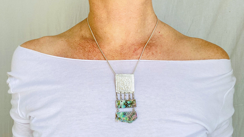 Paua & Silver Necklace. Pendant. Snake Chain. - Aadya Bazaar
