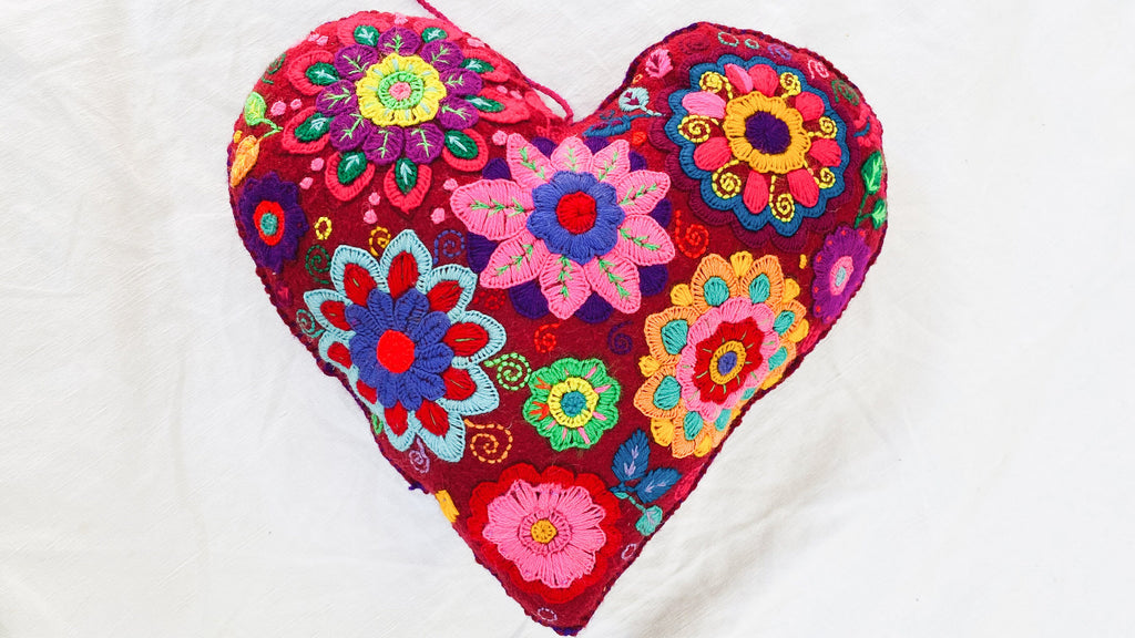Hand-Embroidered Heart PIllow. Throw Pillow - Aadya Bazaar
