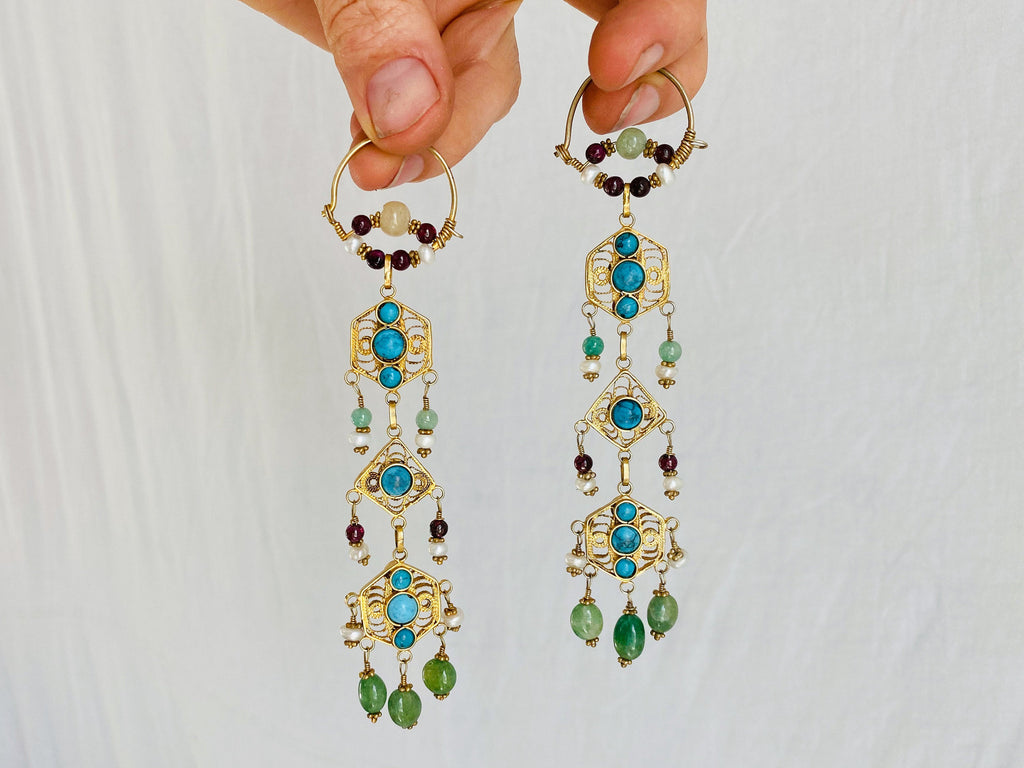 Vintage Uzbek Vermeil Filigree Earrings. Semi-Precious Stones.