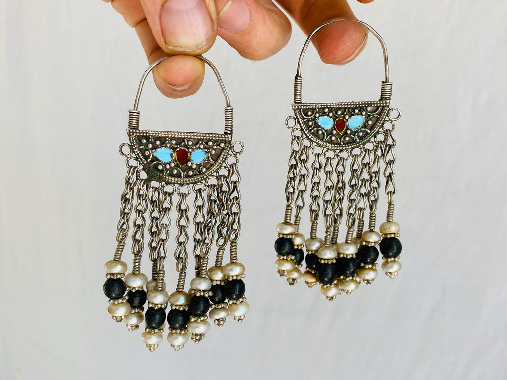 Vintage Uzbek Bukhara Earrings. Silver & Pearl. Long Dangles
