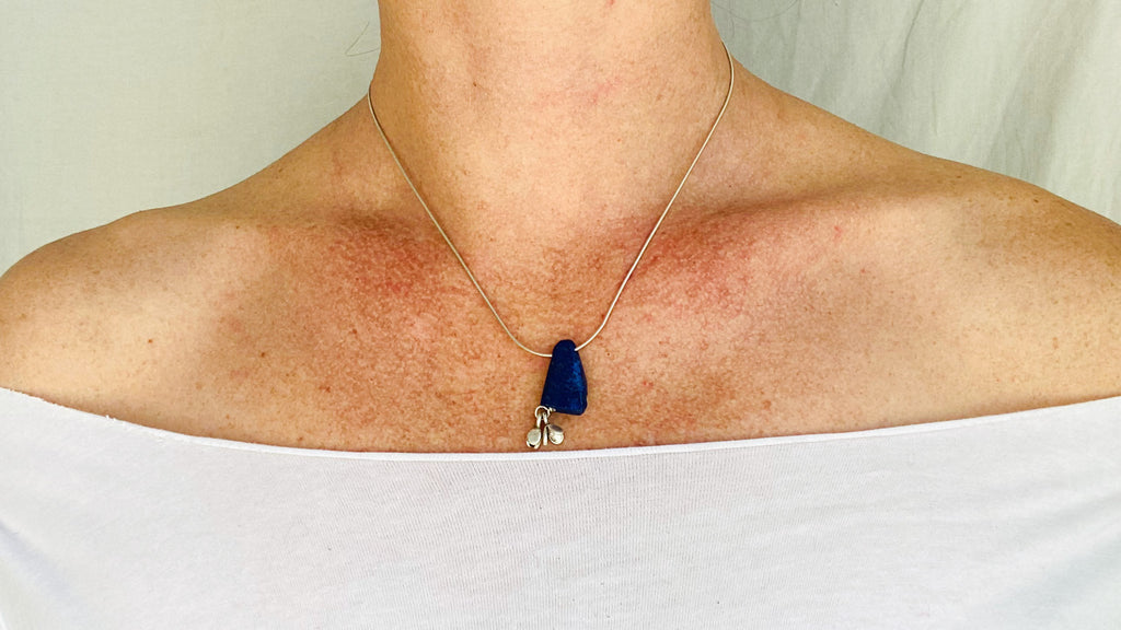 Lapis and Flowers Pendant. Silver Necklace.