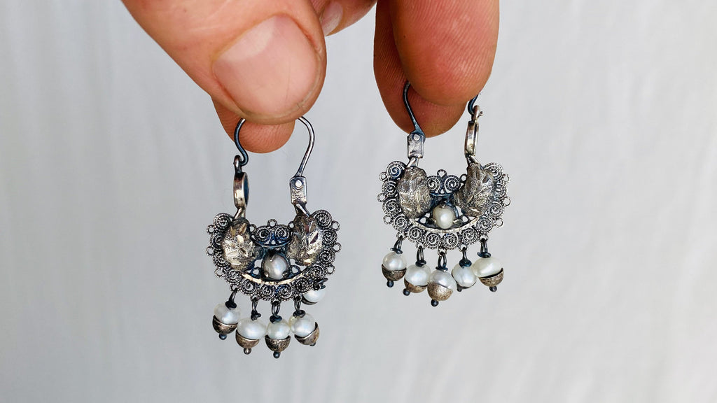 Oaxacan Filigree Earrings With Pearl. Sterling Silver. Mexico. Frida Kahlo
