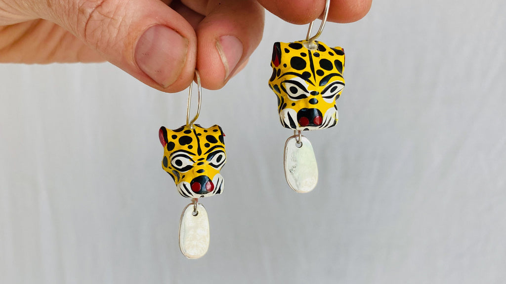 Carved Jaguar and Sterling Silver Earrings. Mexico. 0247