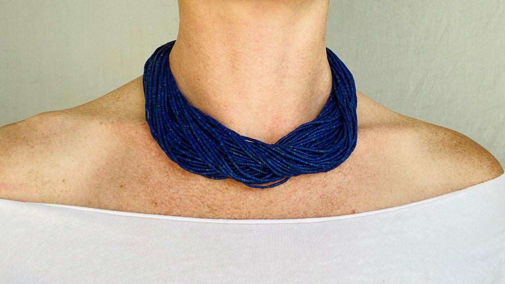 Lapis Lazuli and Karen Silver Necklace. Multi Strand