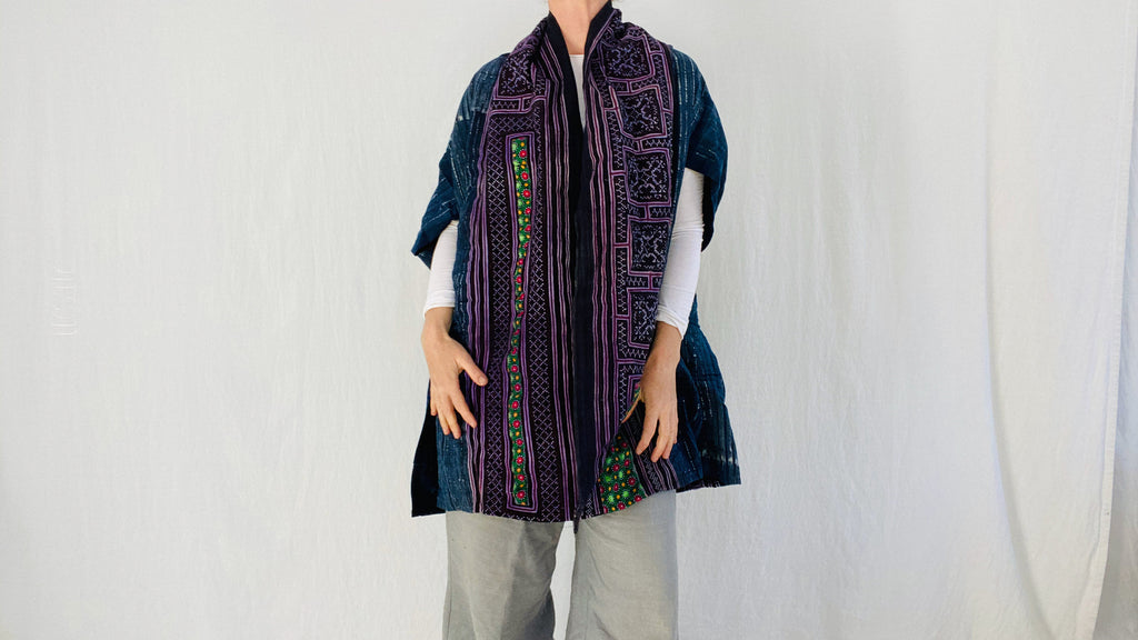 Vintage Hmong Indigo Shrug. Indigo Batik, Embroidered. Repurposed. 0082