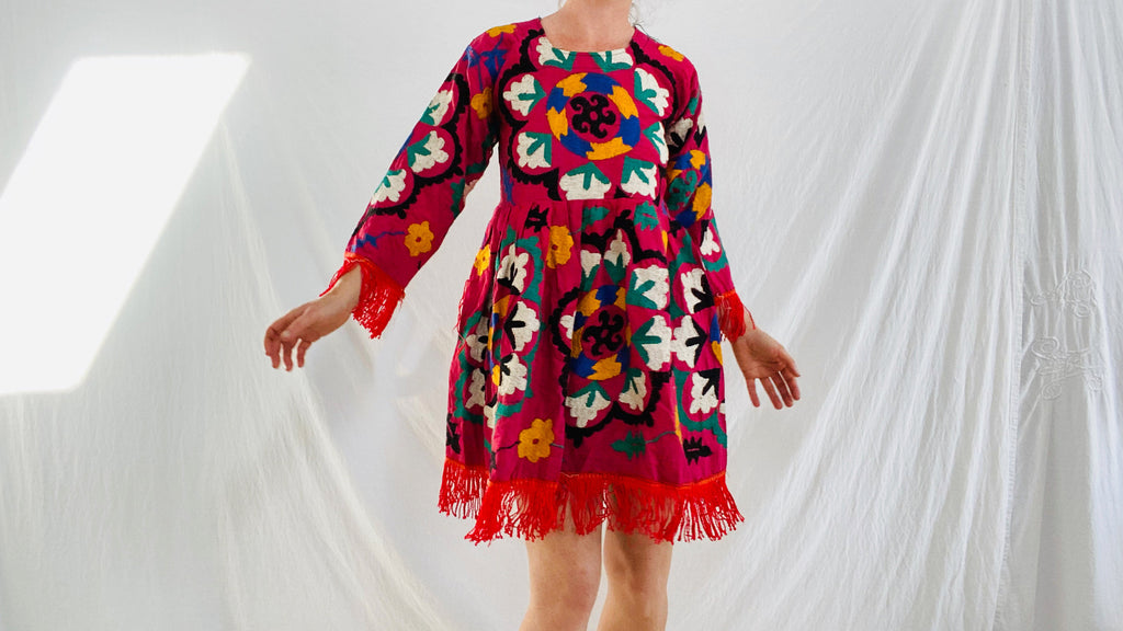 Vintage Uzbek Suzani Silk Embroidered Dress