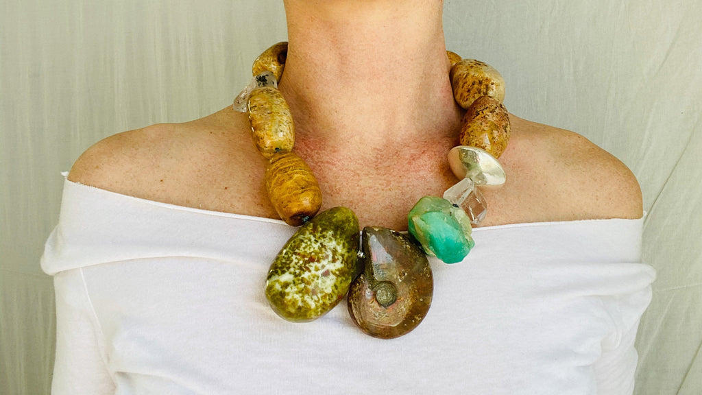 Fossilized Coral, Serpentine and Ammonite Necklace. Atelier Aadya