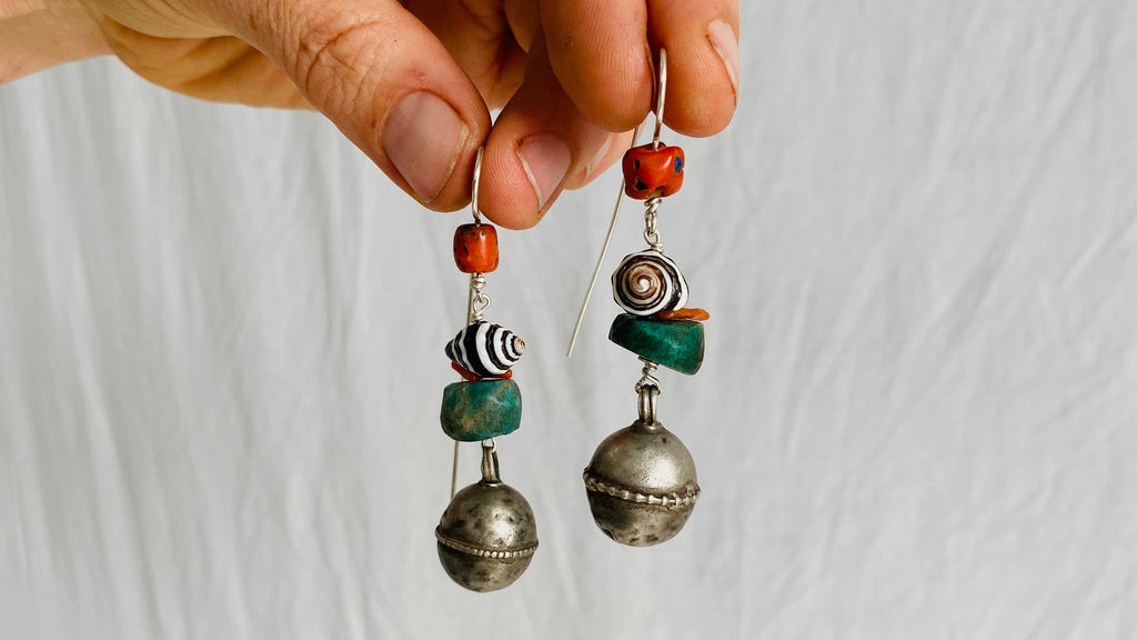 Antique Berber Amazonite, Silver and Coral Earrings. Sterling Silver. Morocco.