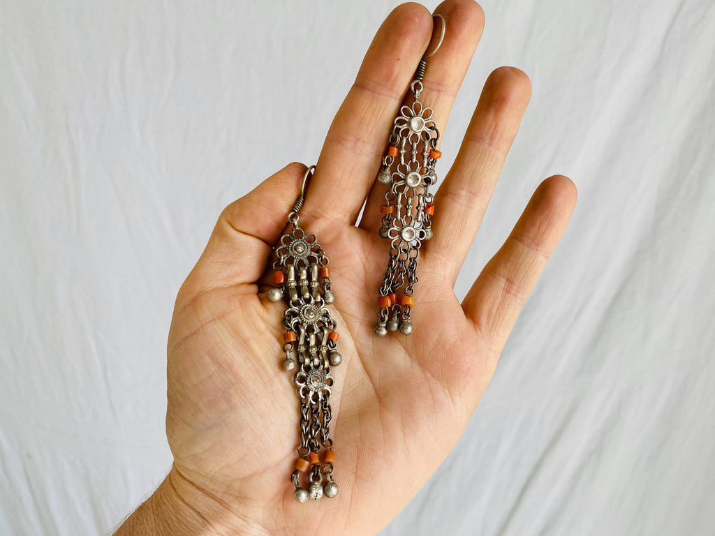 Vintage Uzbek Bukhari Earrings. Silver & Coral - Aadya Bazaar