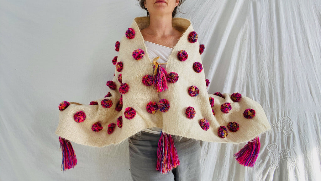 Wool Shawl. Pom Poms & Tassels. Mayan. Chamula. Mexico - Aadya Bazaar