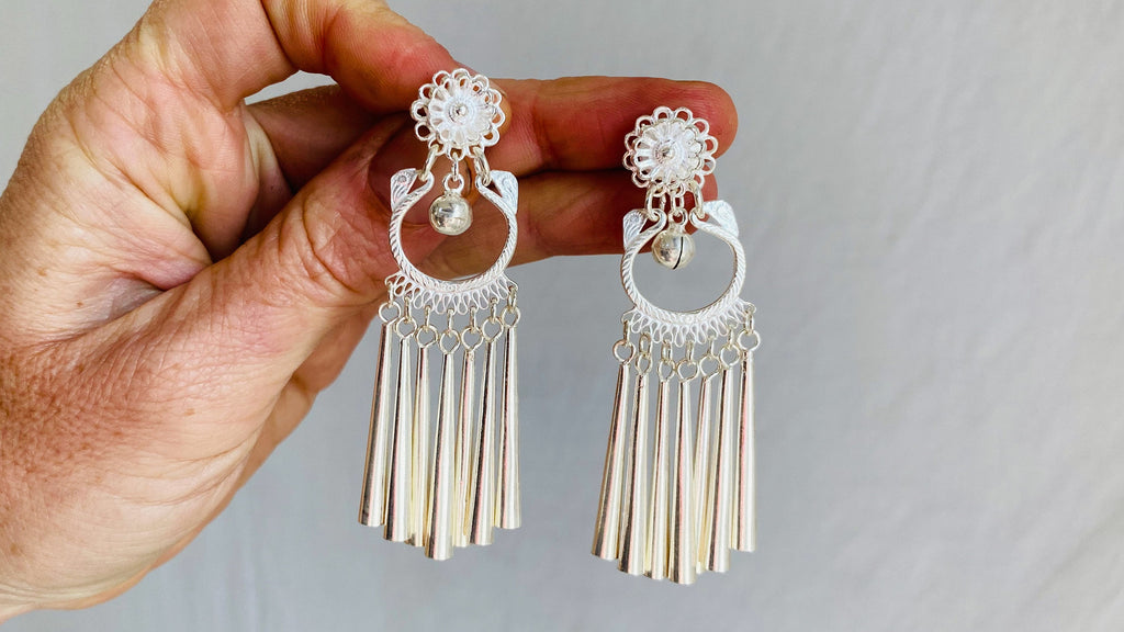 Long Silver Hmong Dangle Earrings. 0114