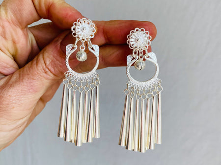 Long Silver Hmong Dangle Earrings. 0114 - Aadya Bazaar