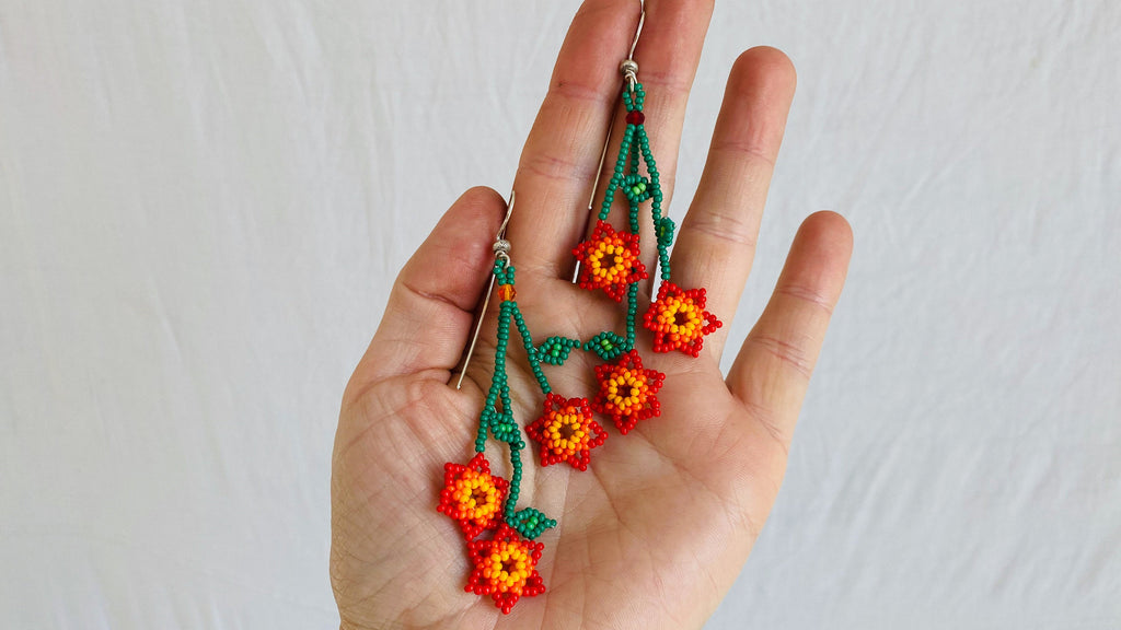 Huichol Beaded Flower Earrings. Mexico.