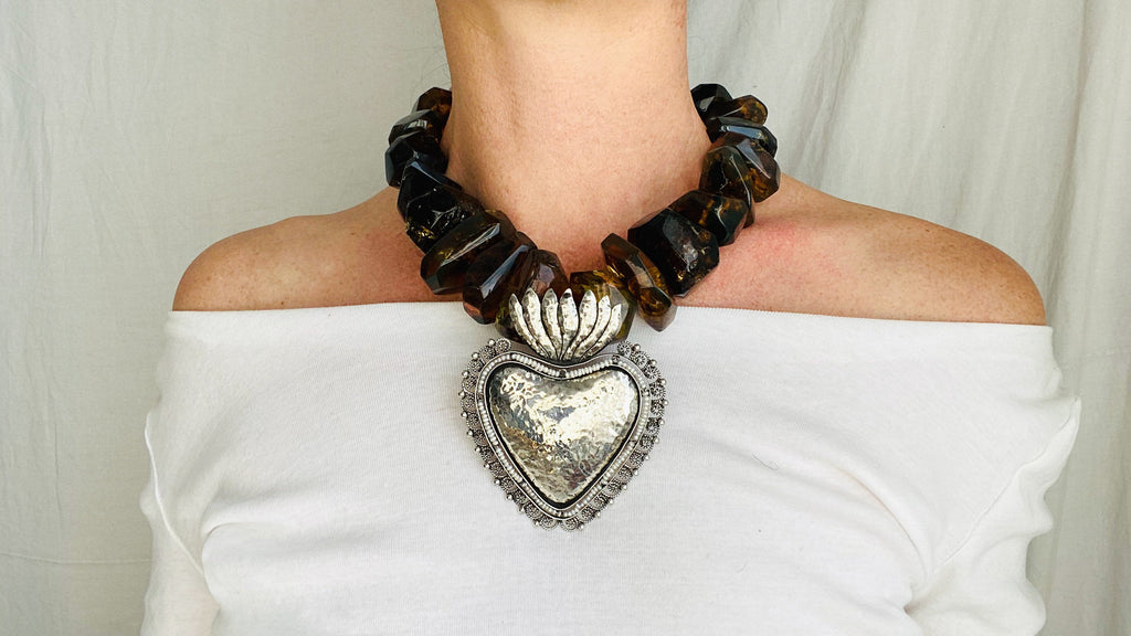 Amber Beaded Necklace, Milagro Sacred Heart Pendant. Sterling Silver.