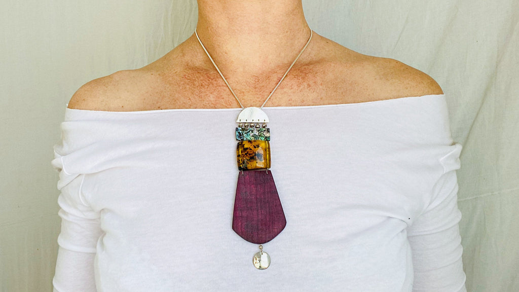 Paua, Amber, Silver & Purple Heart Necklace