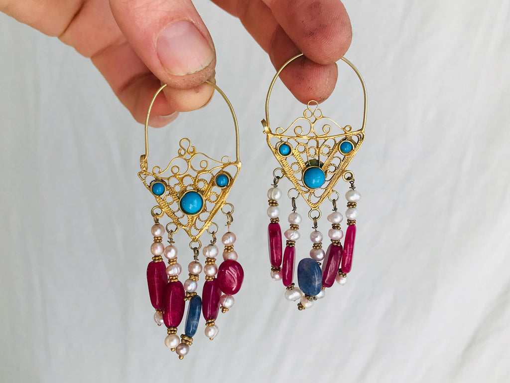 Vintage Uzbek Bukhara Vermeil Filigree Earrings. Pearls & Semi-Precious Stones. Romantic Beauties - Aadya Bazaar