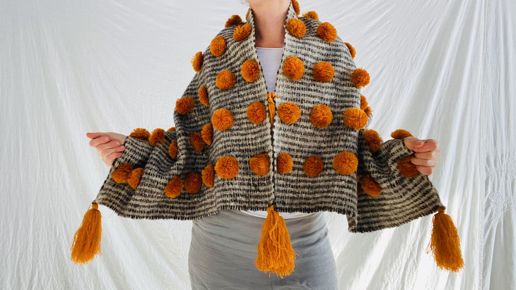 Earth Tones Wool Shawl. Pom Poms & Tassels. Mayan. Chamula. Mexico