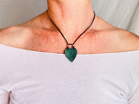 Chrysocolla Heart Pendant Necklace. Leather Cord. 0996