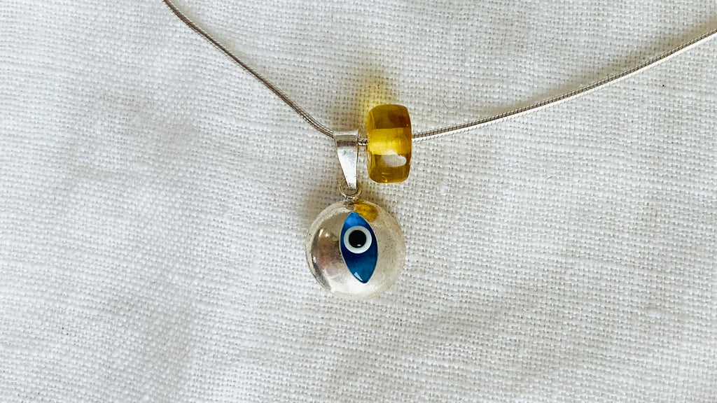 Evil Eye Pendant. Sterling Silver and Amber. - Aadya Bazaar