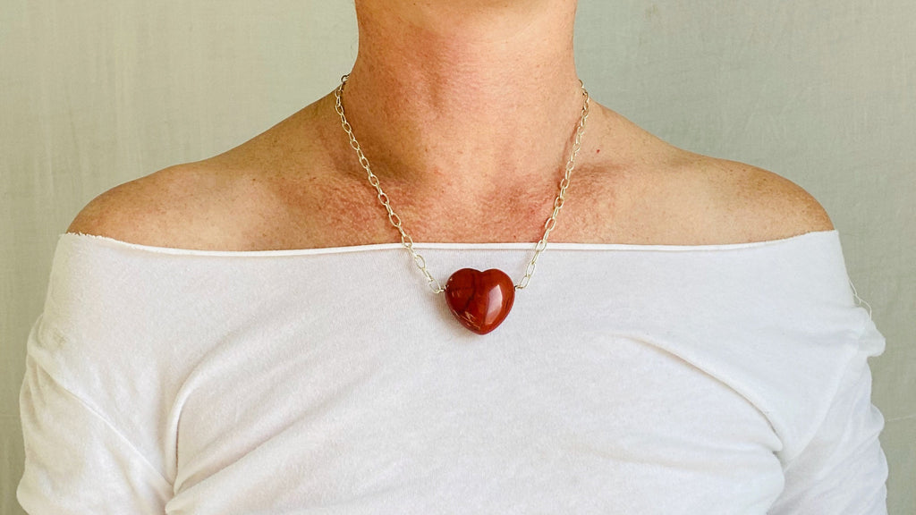 Heart Pendant Silver Chain. Red Jasper & Fine Silver.