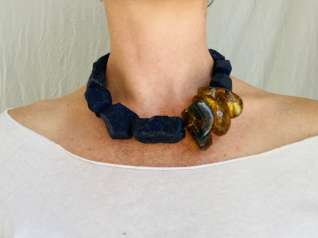 Lapis and Amber Beaded Necklace. Mexican Amber. Chunky