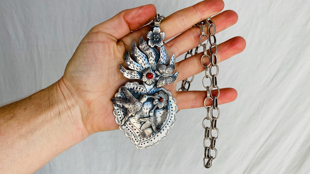 Mexican Sacred Heart Necklace. Sterling Silver & Coral.