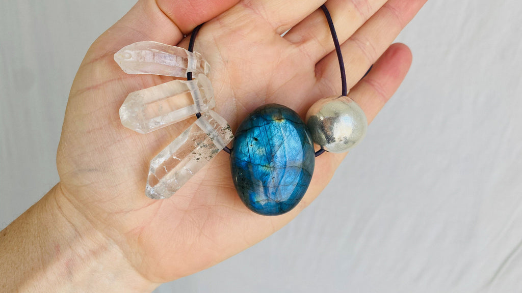 Labradorite, Quartz Crystal and Silver Pendant Necklace. - Aadya Bazaar