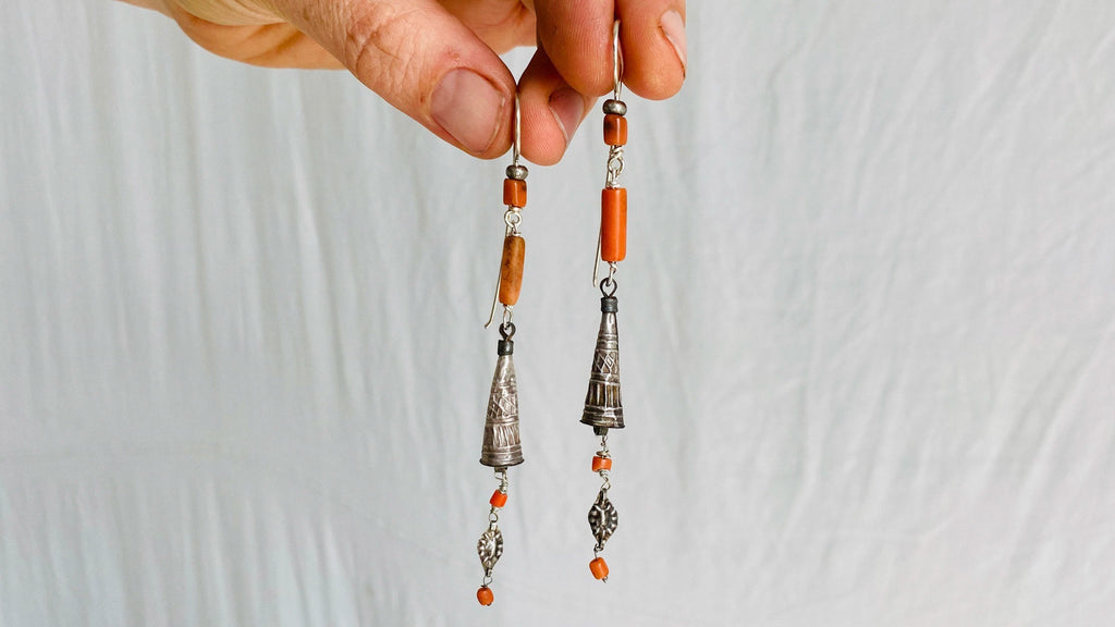 Antique Berber Silver and Coral Earrings. Sterling Silver. Morocco.