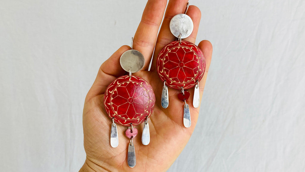 Carved Gourd and Sterling Silver Earrings. - Aadya Bazaar
