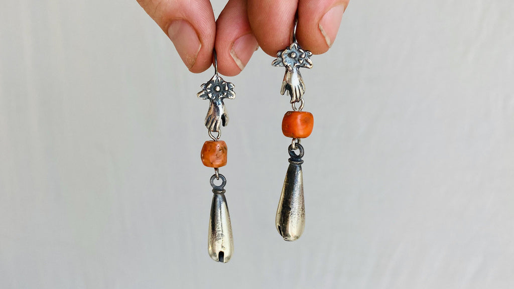 Coral and Sterling Silver Earrings. Cast Hand and Monte Alban Bells. - Aadya Bazaar