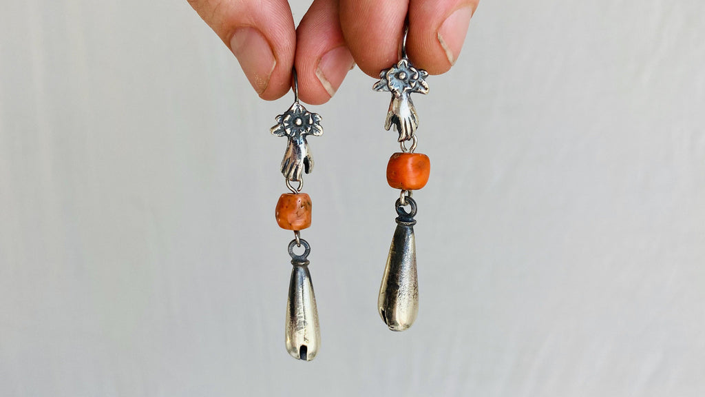 Coral and Sterling Silver Earrings. Cast Hand and Monte Alban Bells.