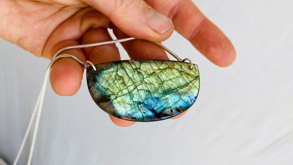 Labradorite and Silver Pendant Necklace. Snake Chain - Aadya Bazaar
