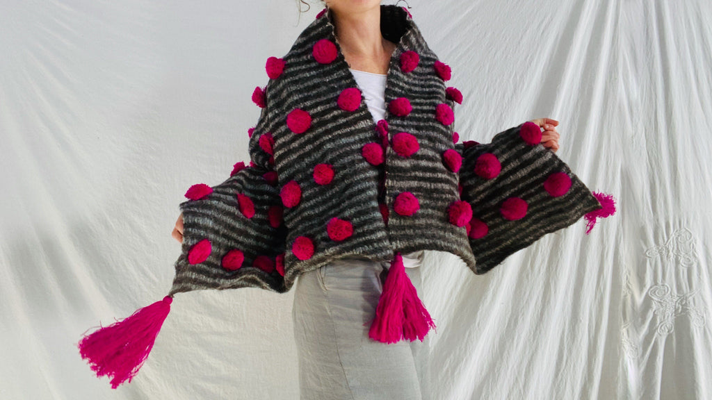 Wool Shawl. Pom Poms & Tassels. Mayan. Chamula. Mexico
