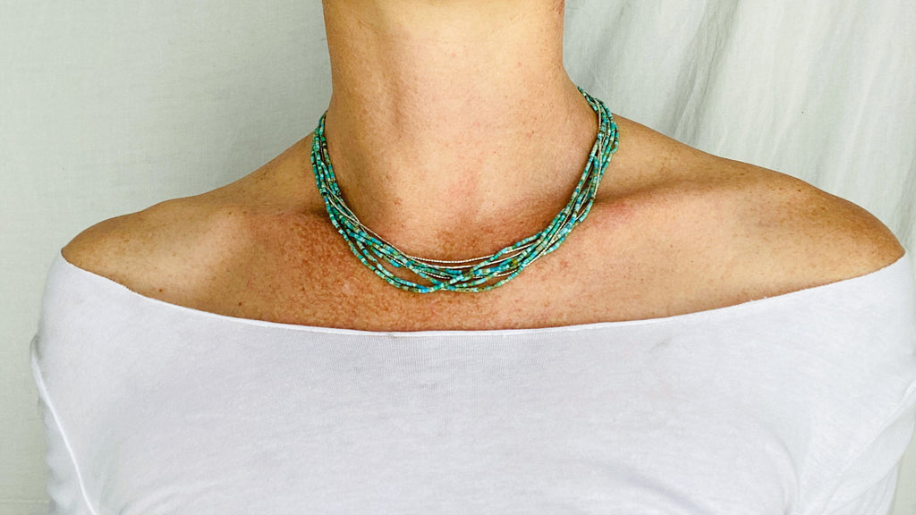 Turquoise Multi-Strand Choker Tiny Turquoise Heishi and Sterling Silver