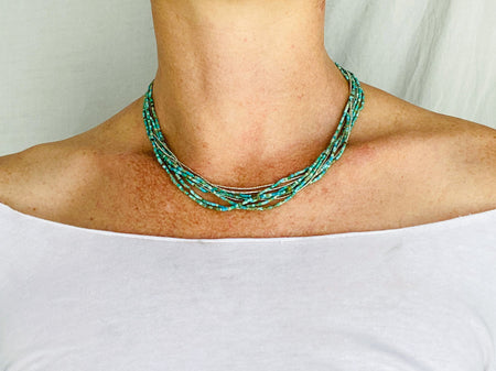 Turquoise Multi-Strand Choker Necklace. Tiny Turquoise Heishi and Sterling Silver - Aadya Bazaar