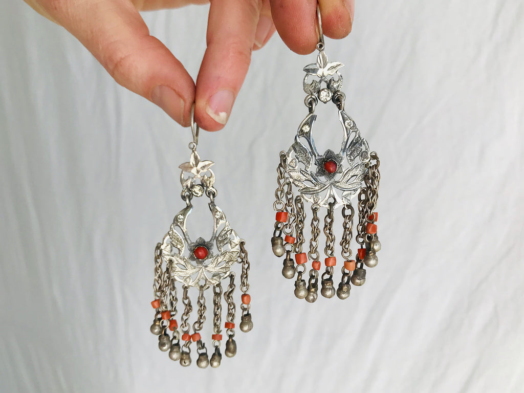 Vintage Uzbek Bukhari Earrings. Silver with Coral. - Aadya Bazaar