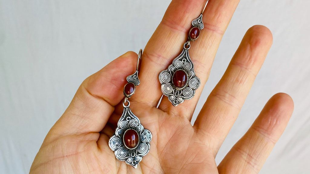 Vintage Turkmen Earrings. Carnelian & Silver. 0480