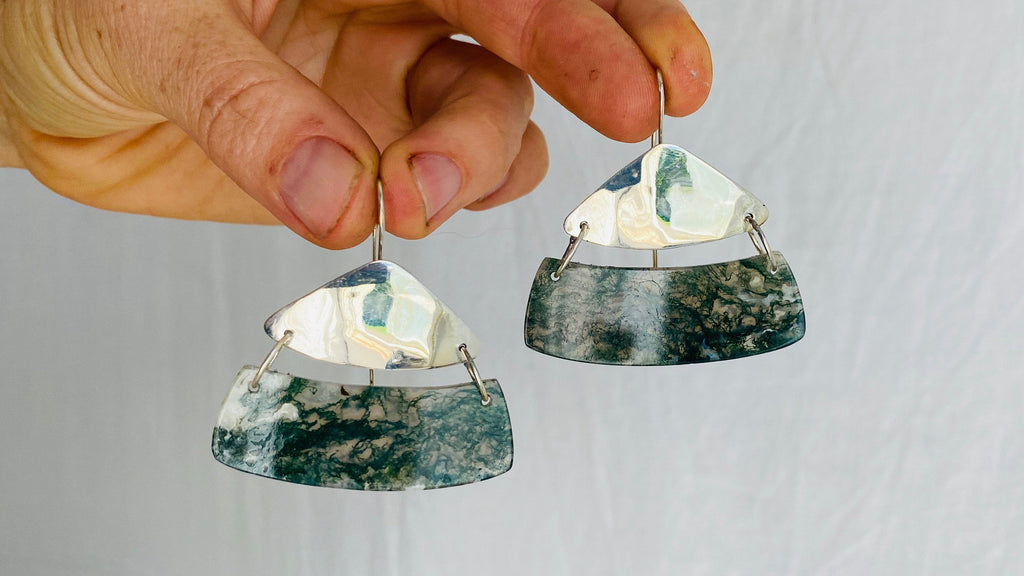 Moss Agate and Sterling Earrings. - Aadya Bazaar