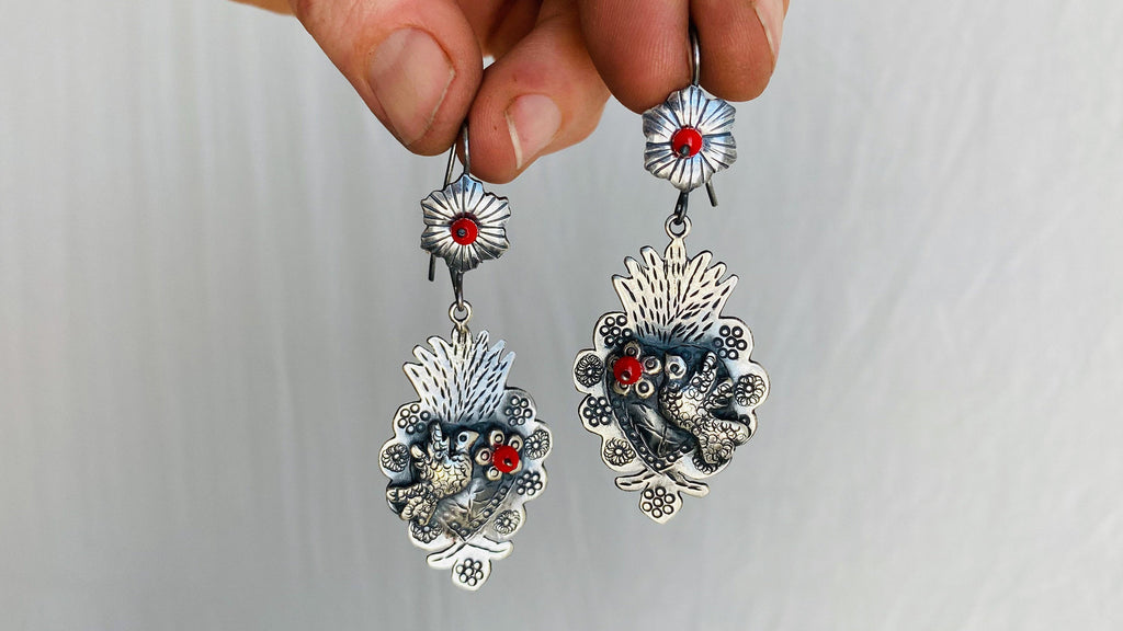 Oaxaca Silver Earrings. Sacred Heart. Mexico. Frida Kahlo. 0252
