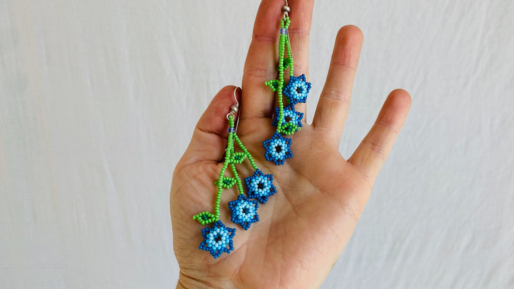 Huichol Beaded Flower Earrings. Mexico.
