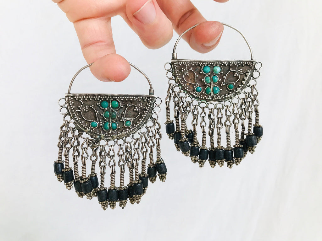 Vintage Uzbek Bukhara Earrings. Silver & Turquoise. Long Dangles - Aadya Bazaar