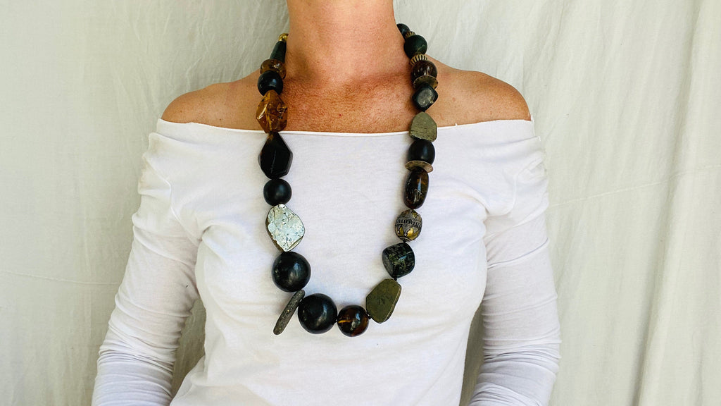 Amber & Pyrite Necklace. Choker. - Aadya Bazaar