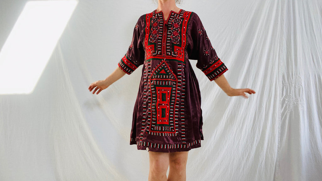 Vintage Balochi Hand-Embroidered Satin Dress, Bohemian Dresses Vintage Balochi Hand-Embroidered Satin Dress, Bohemian Dresses