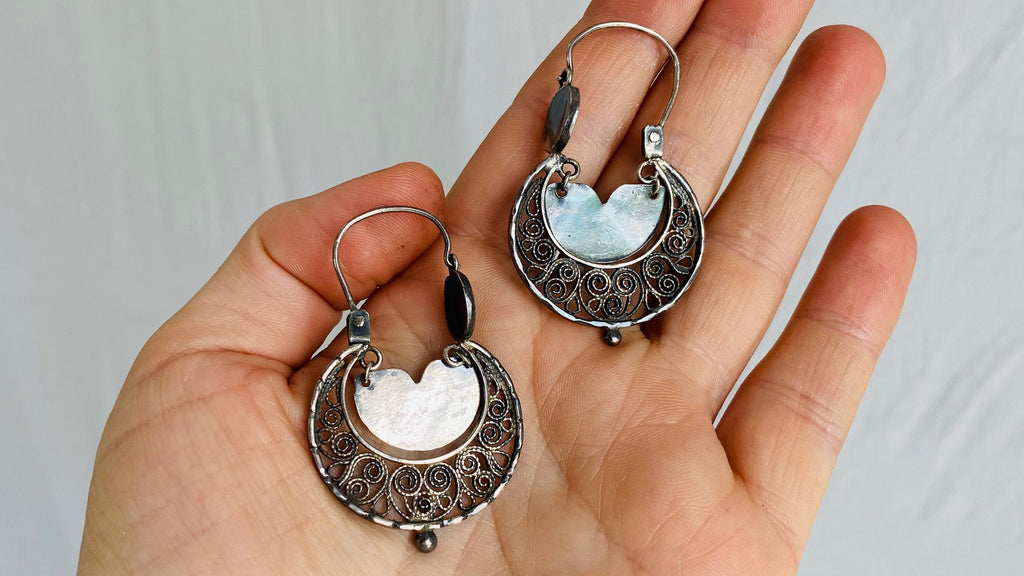 Oaxacan Filigree Earrings. Media Luna Hoops. Sterling Silver. Mexico. Frida Kahlo