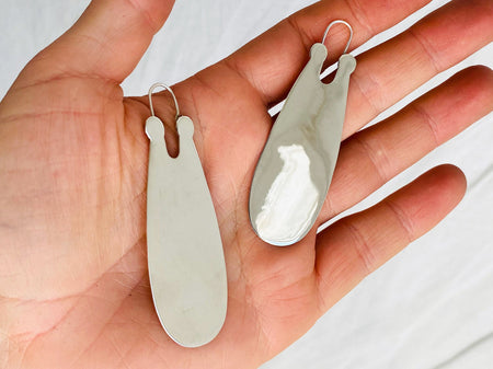 Long Slender Silver Earrings. Flat Hoop Earrings. Atelier Aadya - Aadya Bazaar