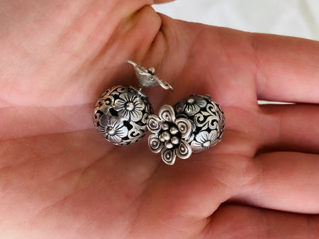 Silver Flower Barbell Earrings. Thailand. 0117