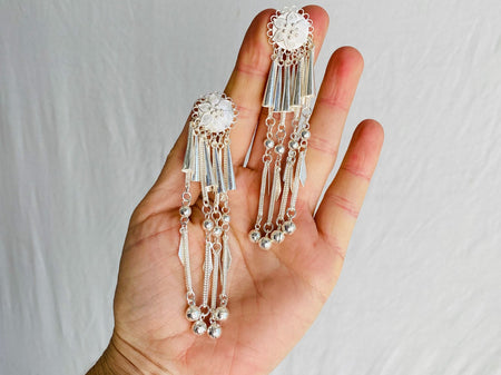 Long Silver Hmong Dangle Earrings. 0153